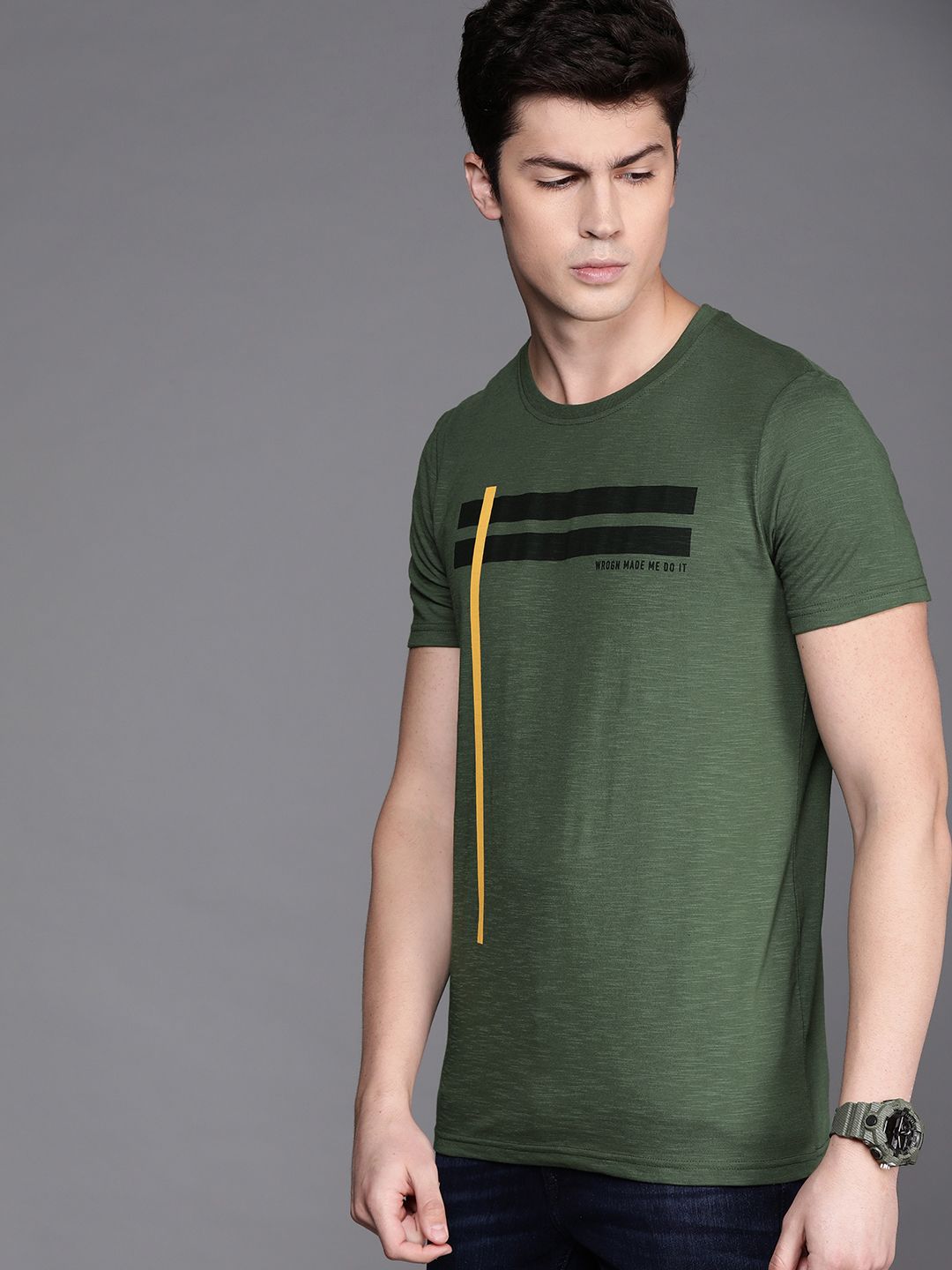 Olive Green Lines Round Neck T-Shirt