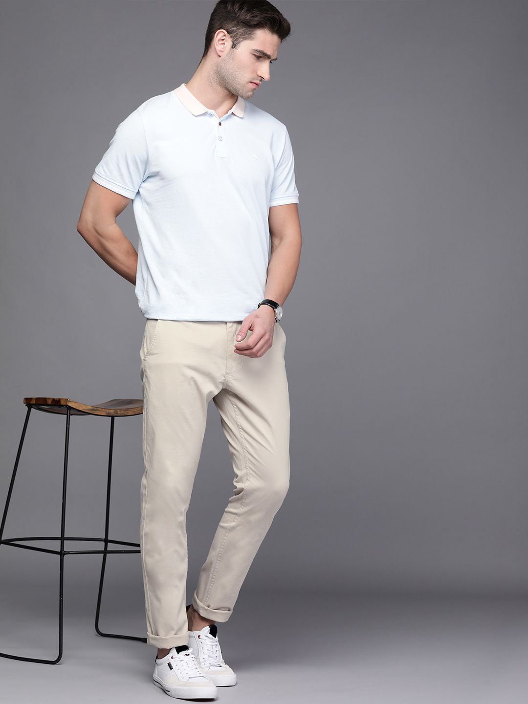 Solid Beige Tapered Fit Trousers