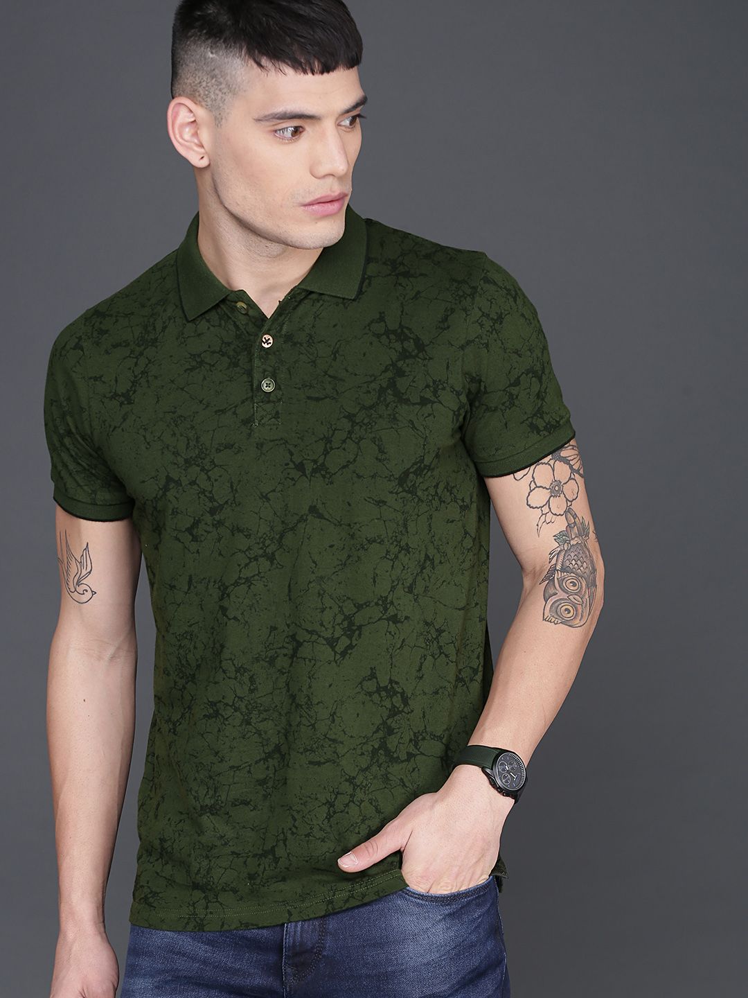 Olive Green AOP Polo T-Shirt