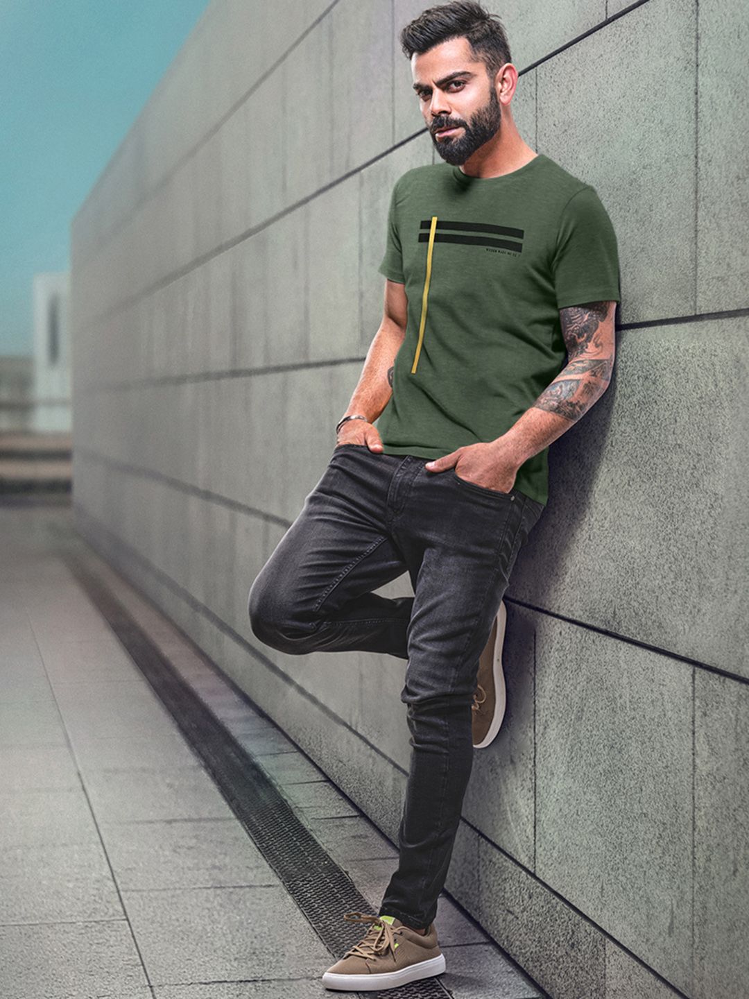 Olive Green Lines Round Neck T-Shirt