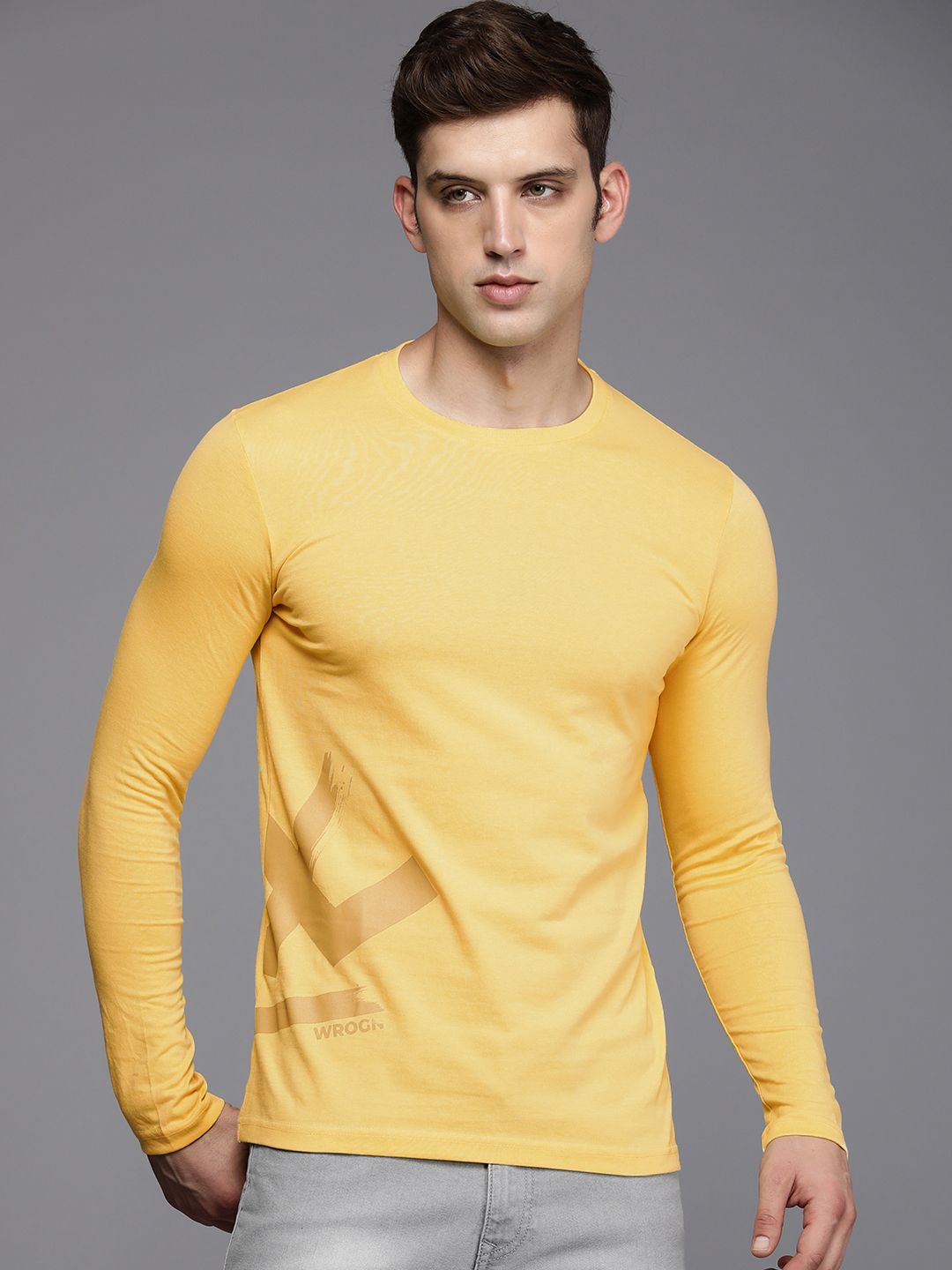 Basic Yellow Round Neck Printed T-Shirt