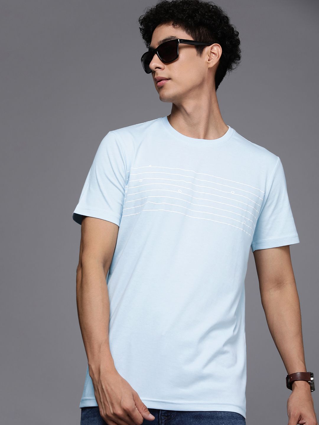 Blue Lined Printed Round Neck T-Shirt