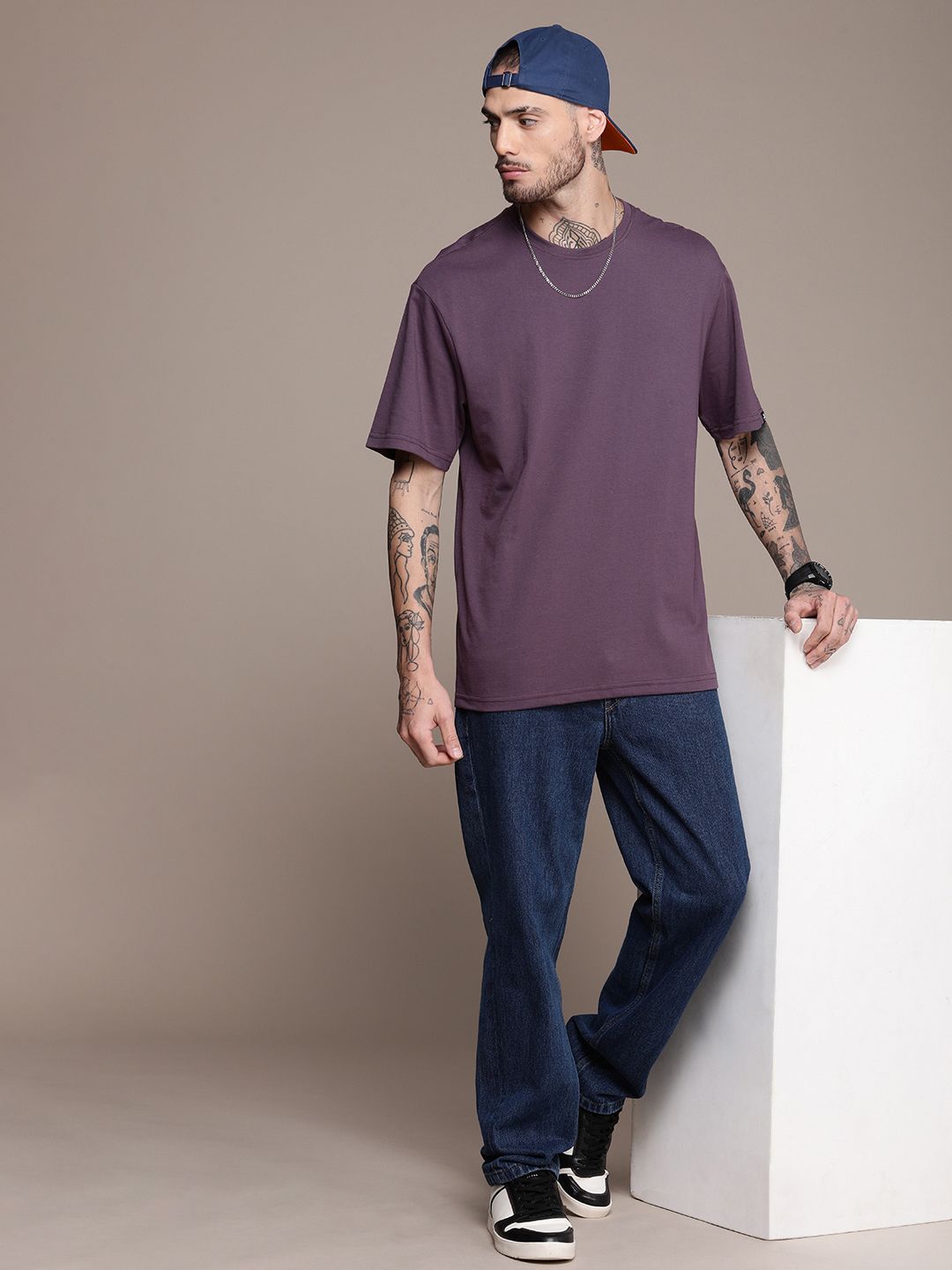 Solid Purple Drop-Shoulder Oversized T-Shirt