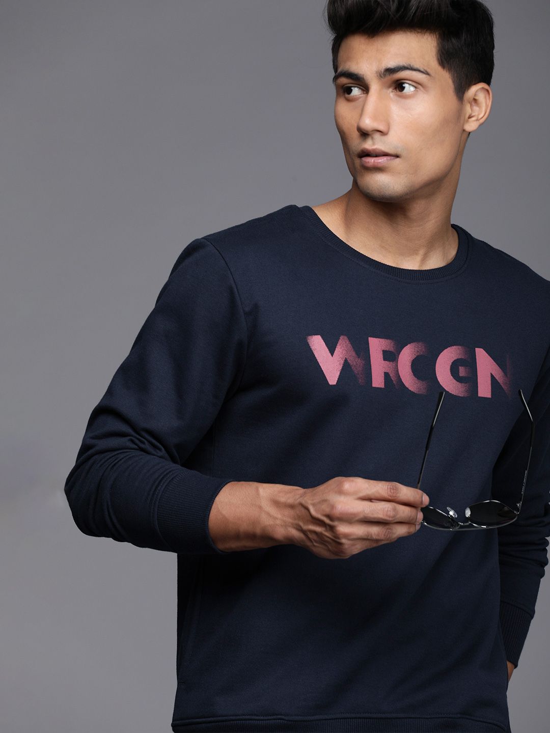 Navy Blue Wrogn Print Slim Fit Sweatshirt