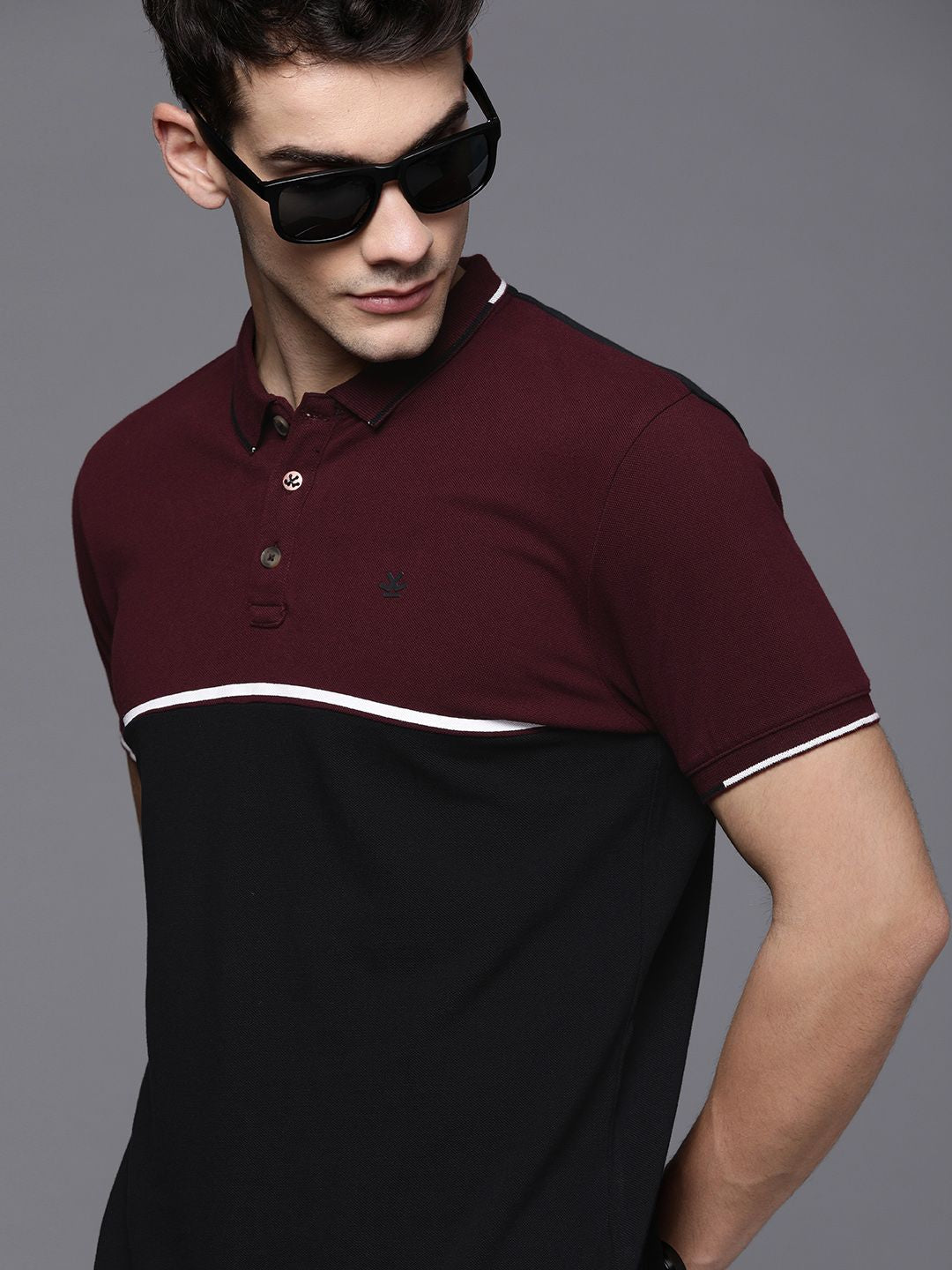 Black & Burgundy Colourblocked Polo T-Shirt