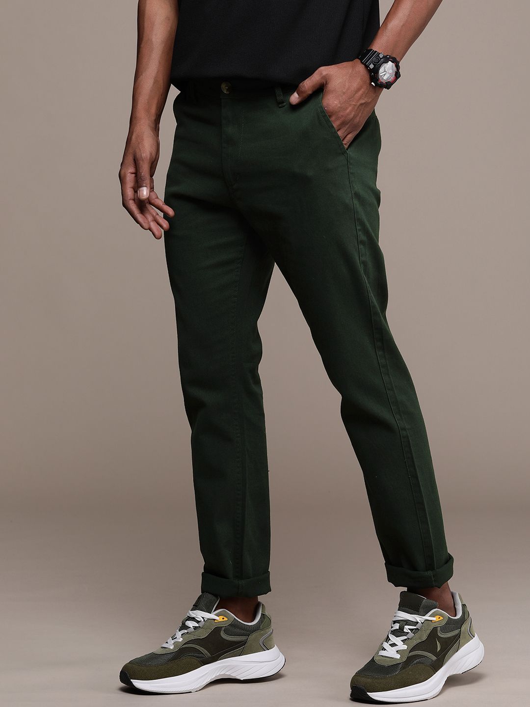 Solid Green Slim Fit Chinos Trousers