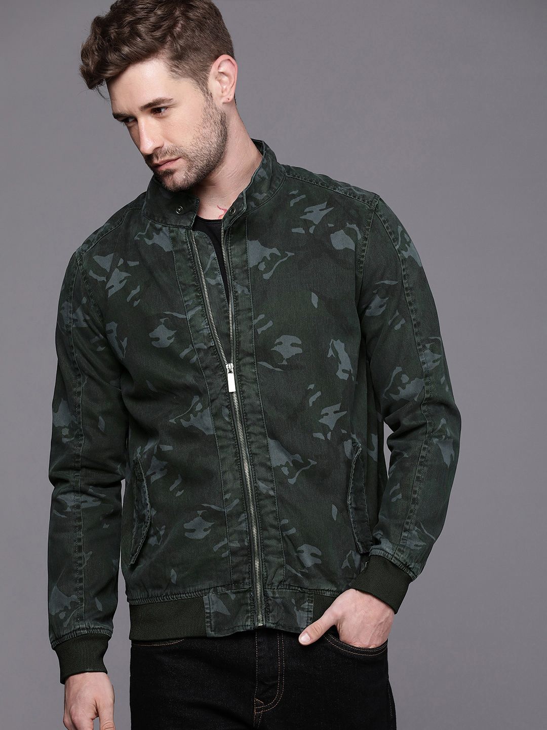 Charcoal Blue Camouflage Denim Jacket