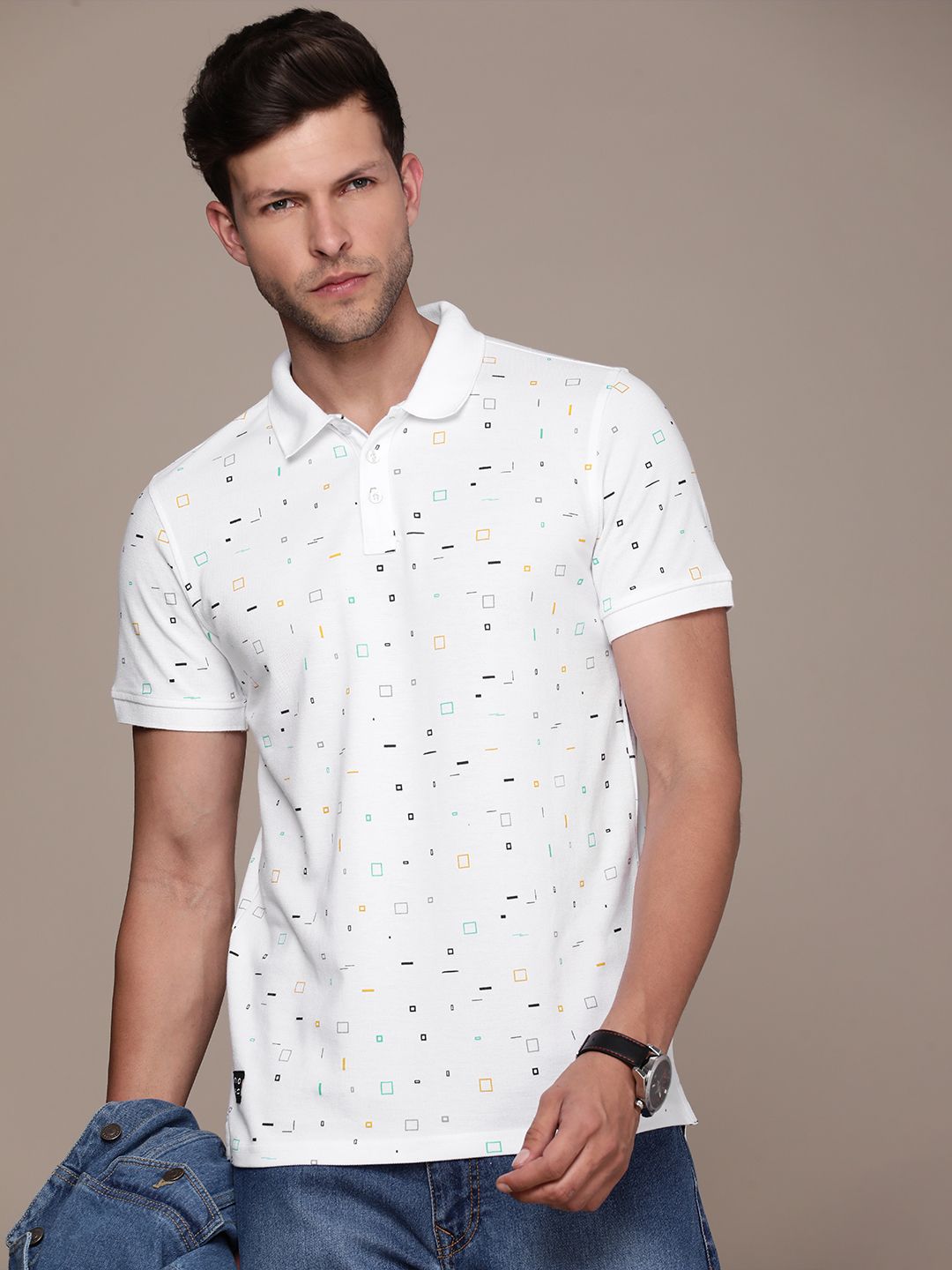 White Geometric Print Polo T-Shirt