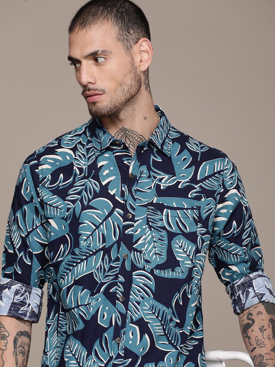 Navy Tropical Leaf Print Shirt