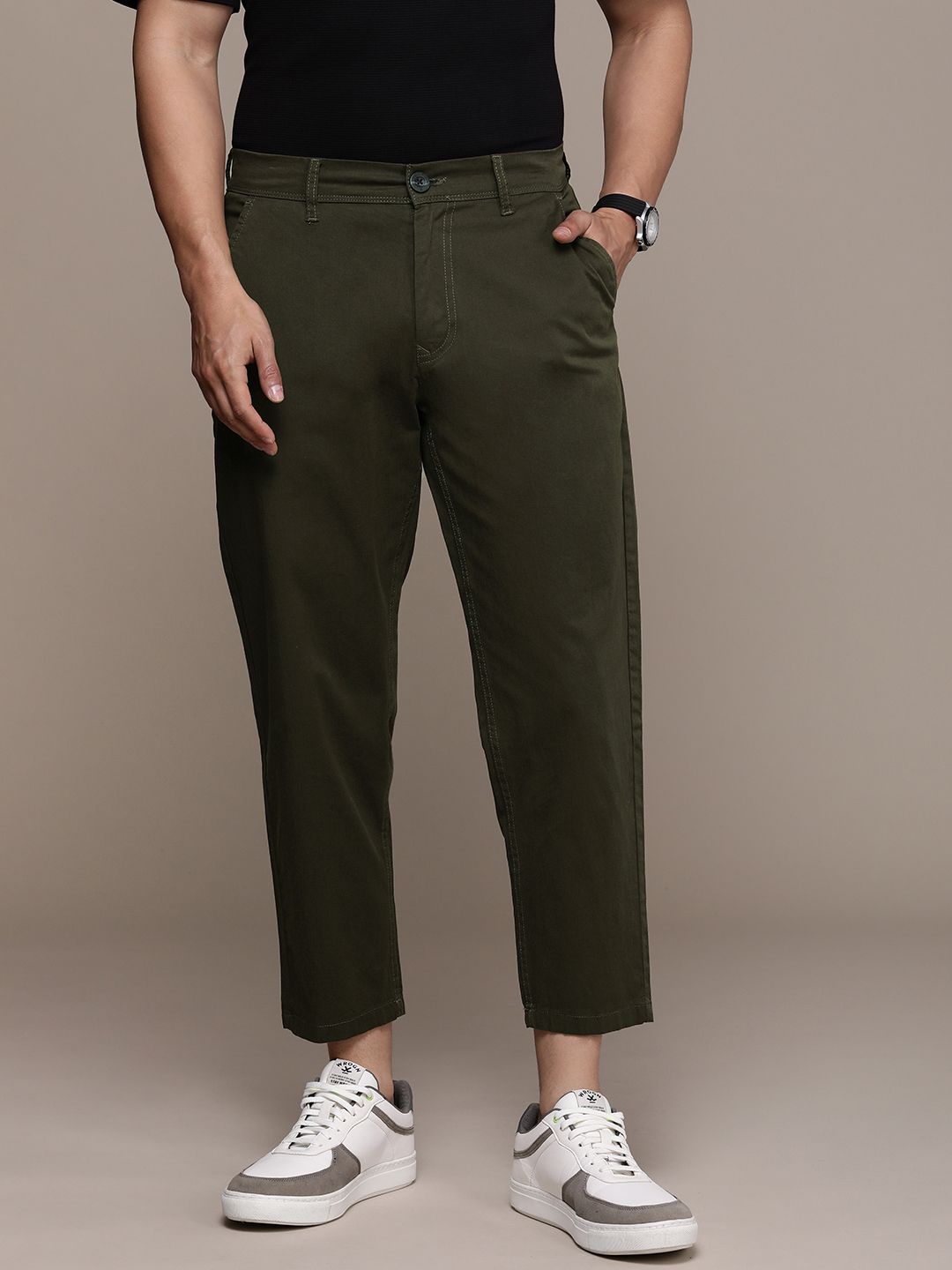 Solid Olive Woven Chinos Trousers