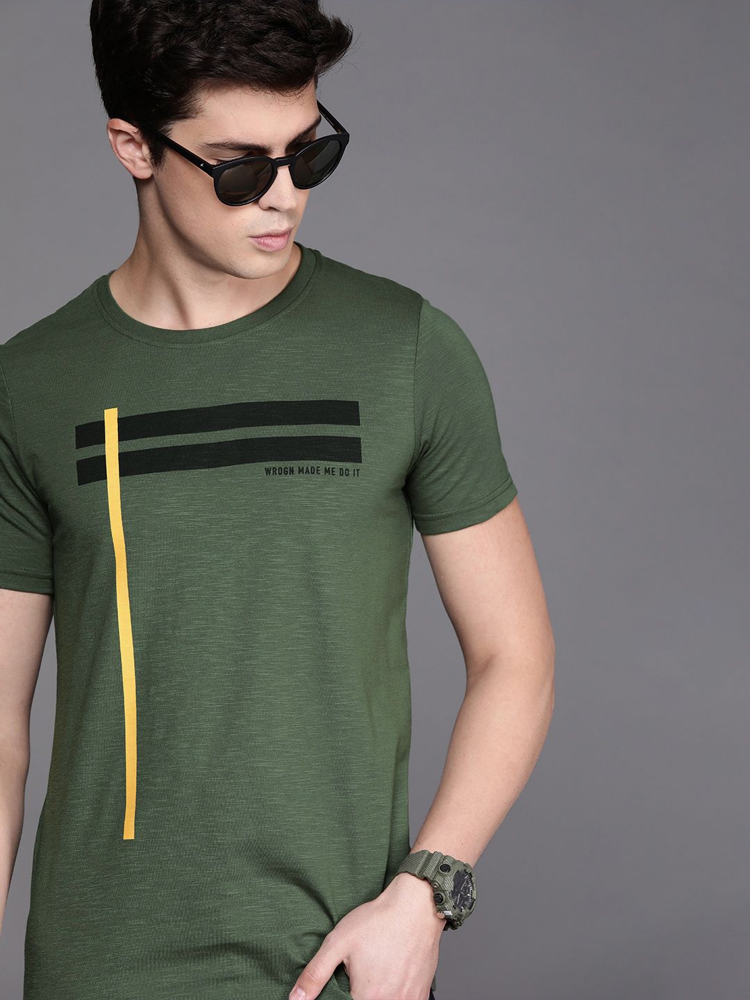 Olive Green Lines Round Neck T-Shirt