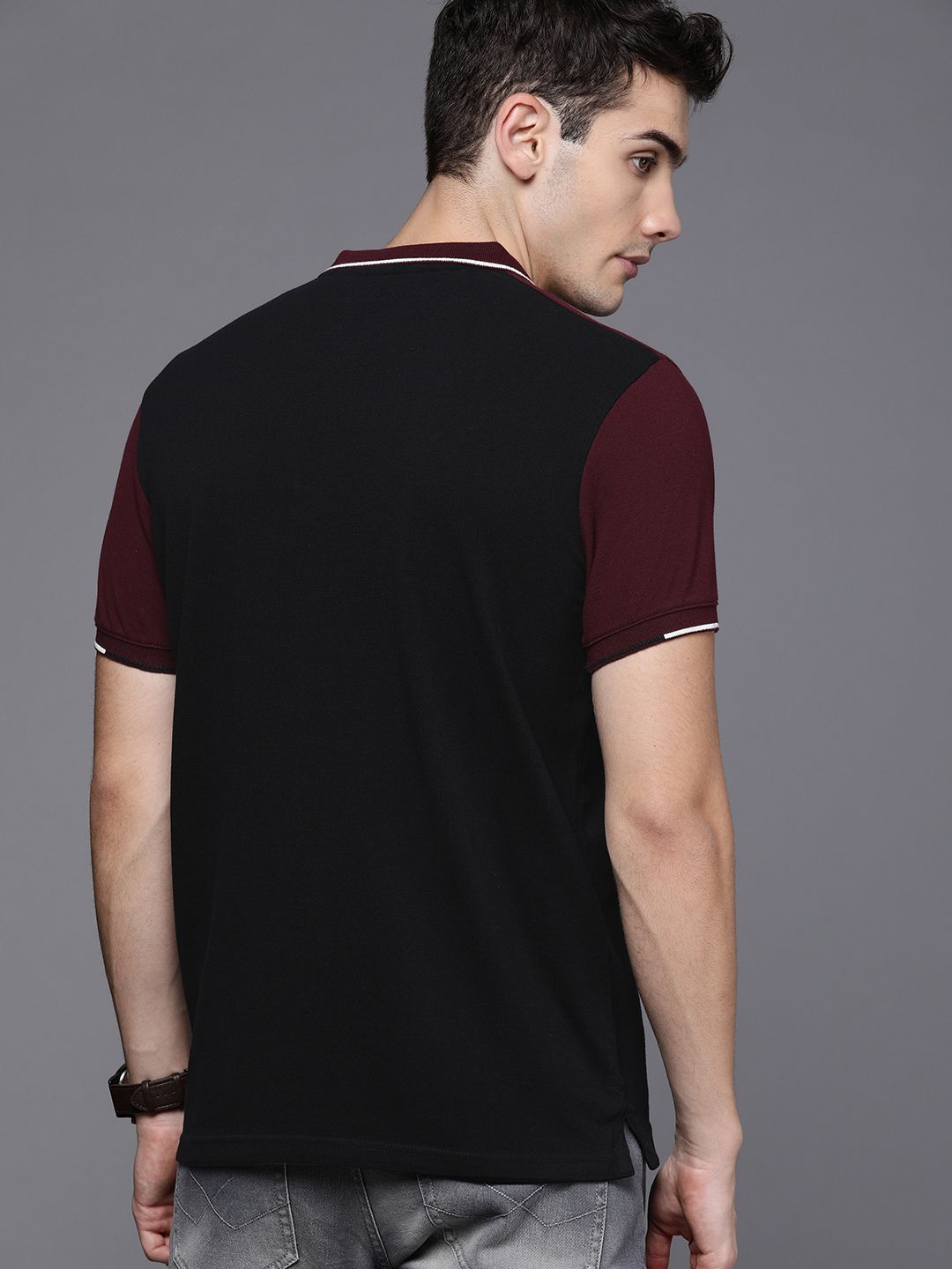 Black & Burgundy Colourblocked Polo T-Shirt