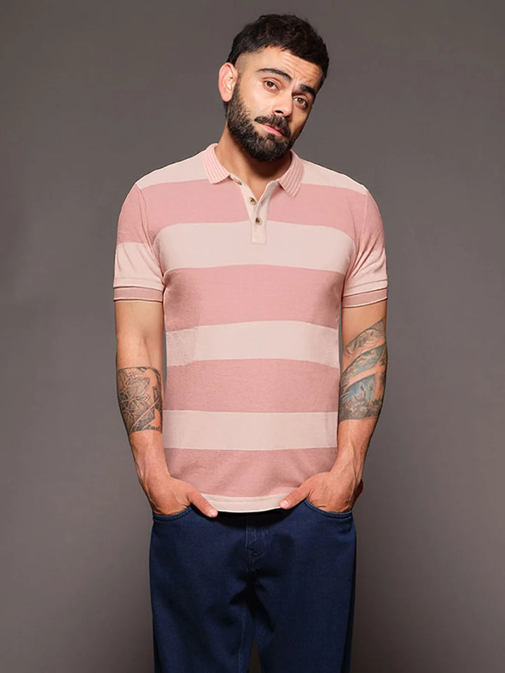 Casual Tonal Striped Polo T-Shirt | Peach