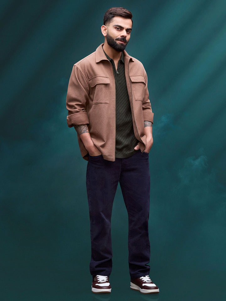 Men's casual front zipper double pocket shacket | Brown