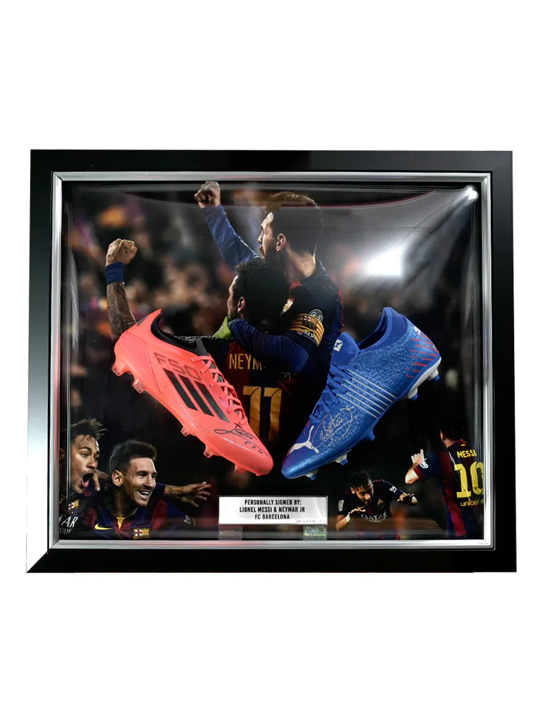 Lionel Messi & Neymar Jr Signed Boots In Bubble Frame