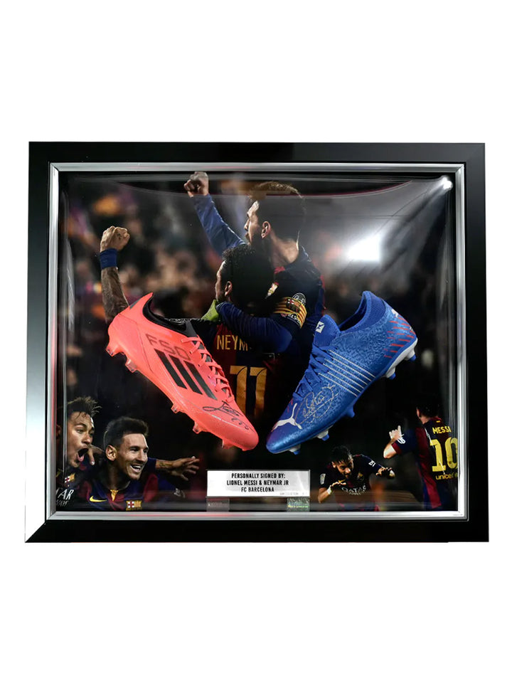 Lionel Messi & Neymar Jr Signed Boots In Bubble Frame