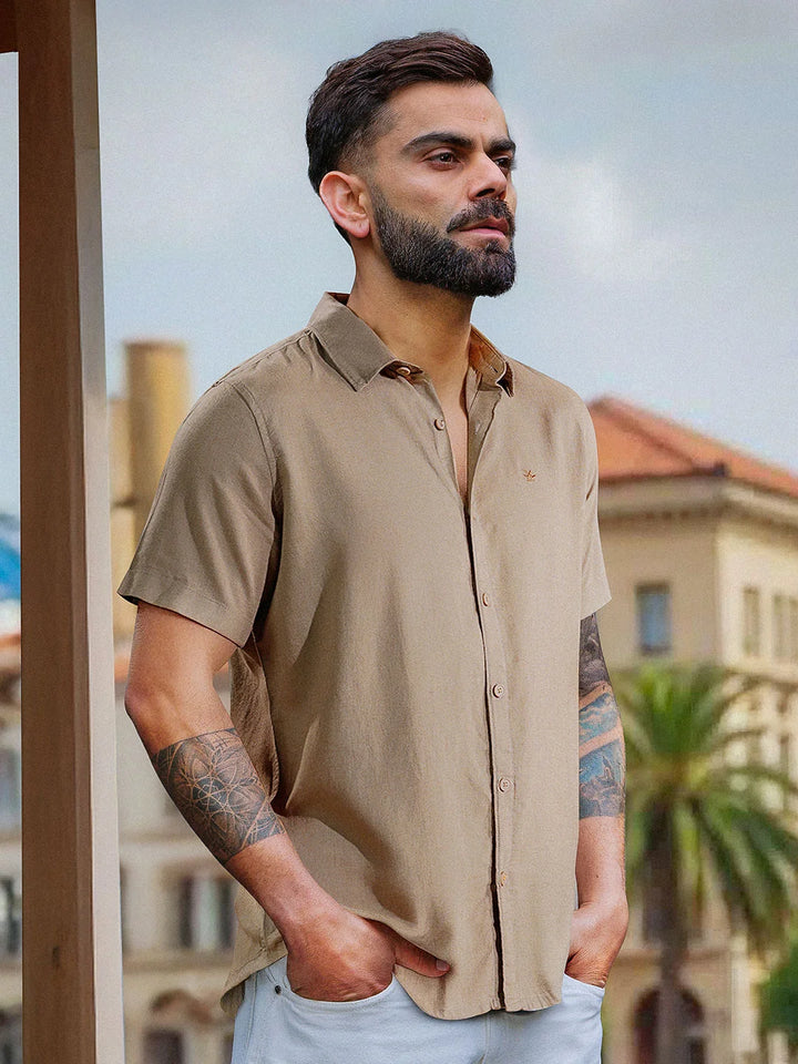 Solid Linen Blend Slim Fit Shirt | Brown