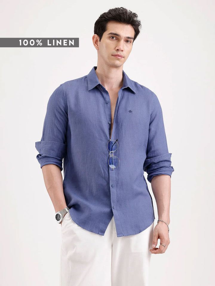 Solid 100% Linen Slim Fit Shirt | Navy