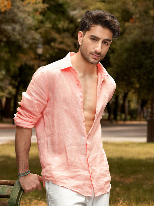 Solid 100% Linen Slim Fit Shirt | Pink