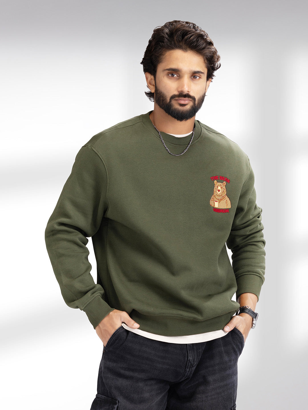 Comfort Fit Embroidered Patch Detail Sweatshirt | Olive