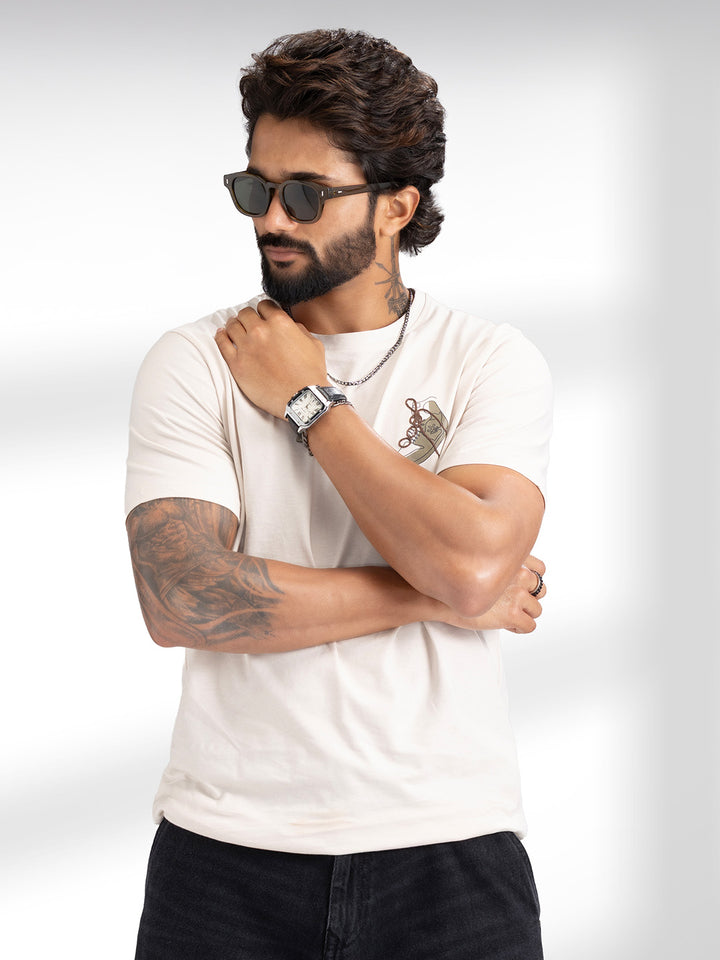 Slim Fit Emroidered Patch Detail T-Shirt | Beige