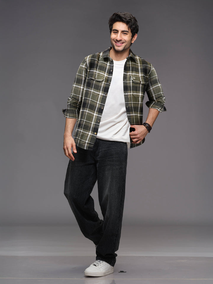 Double Pocket Checked Shirt | Olive