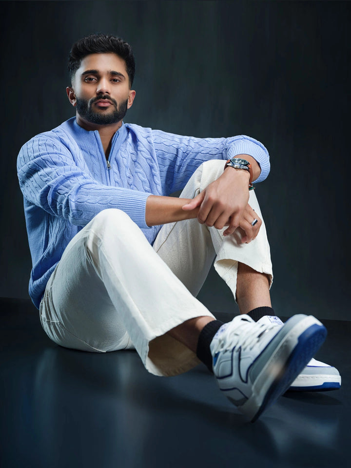 Soft Pastel Blue Cable Knit Half Zipper Pullover | Light Blue