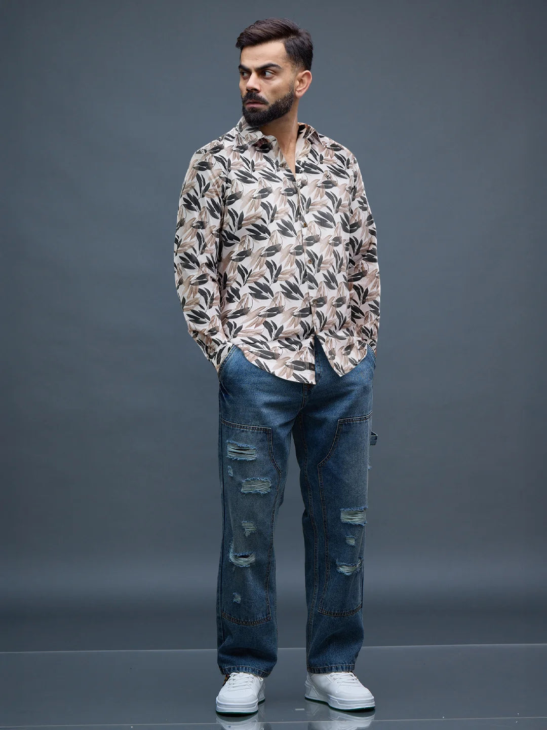 Printed Satin Slim Fit Shirt | Off White