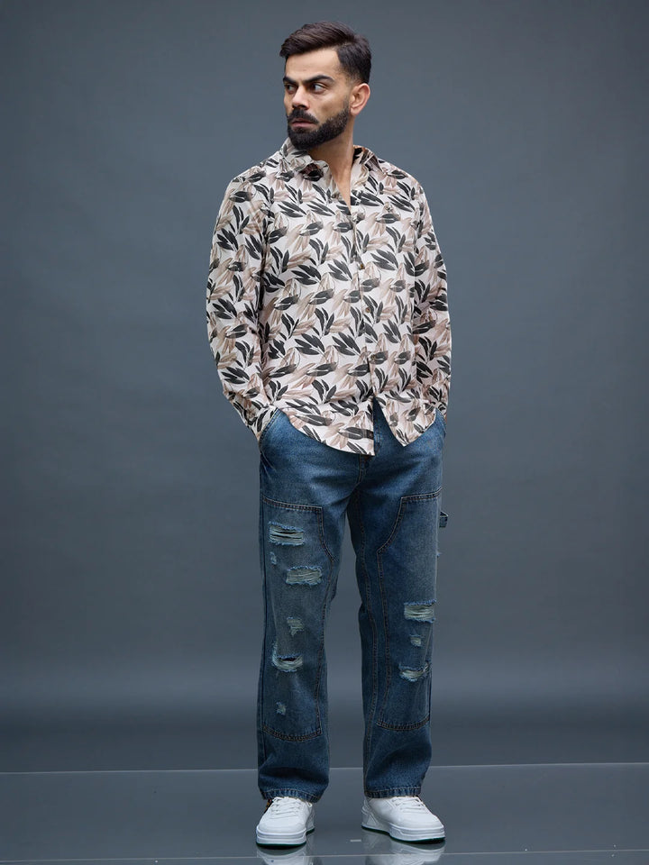 Printed Satin Slim Fit Shirt | Off White