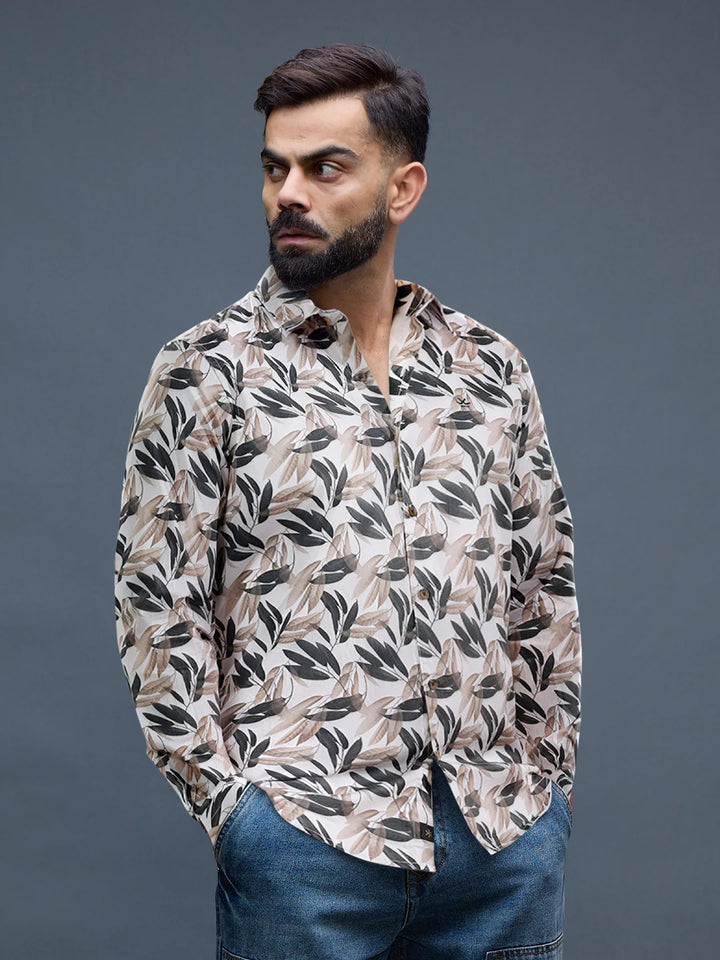 Printed Satin Slim Fit Shirt | Off White