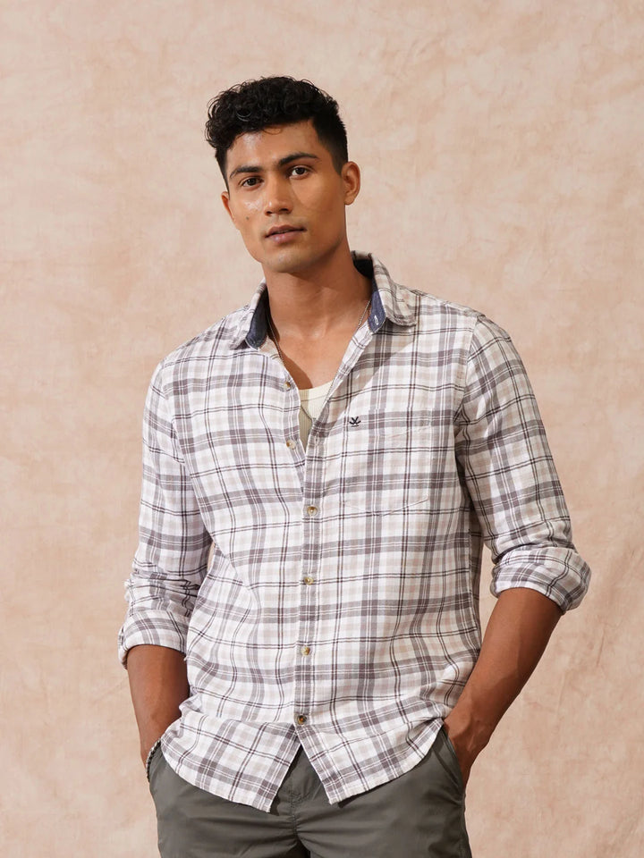 Herringbone Checks Slim Fit Shirt | Beige