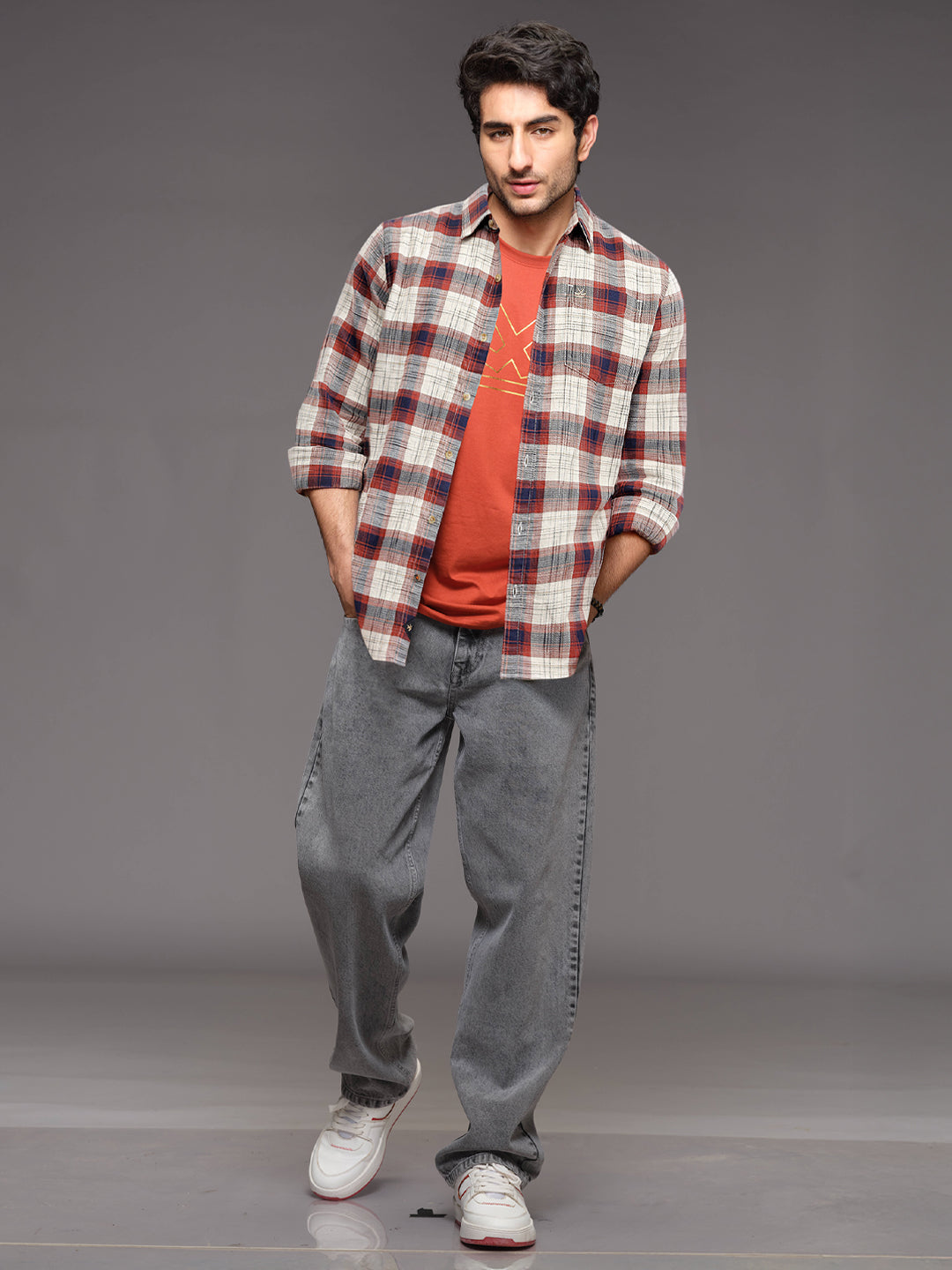 Space Dyed Check Shirt In Slim Fit | Rust