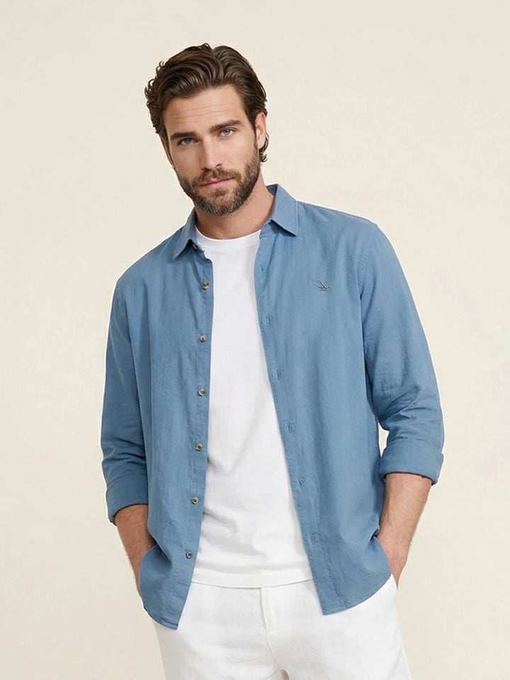 Solid Linen Blend Slim Fit Shirt | Blue