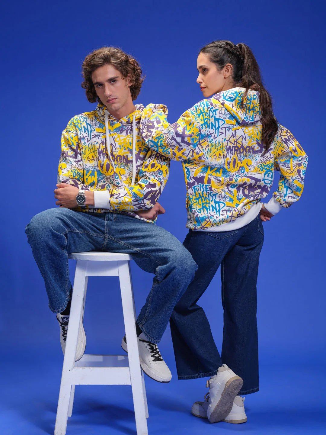 All Over Graffiti Print In Oversized Hoodie Pullover  |  Yellow