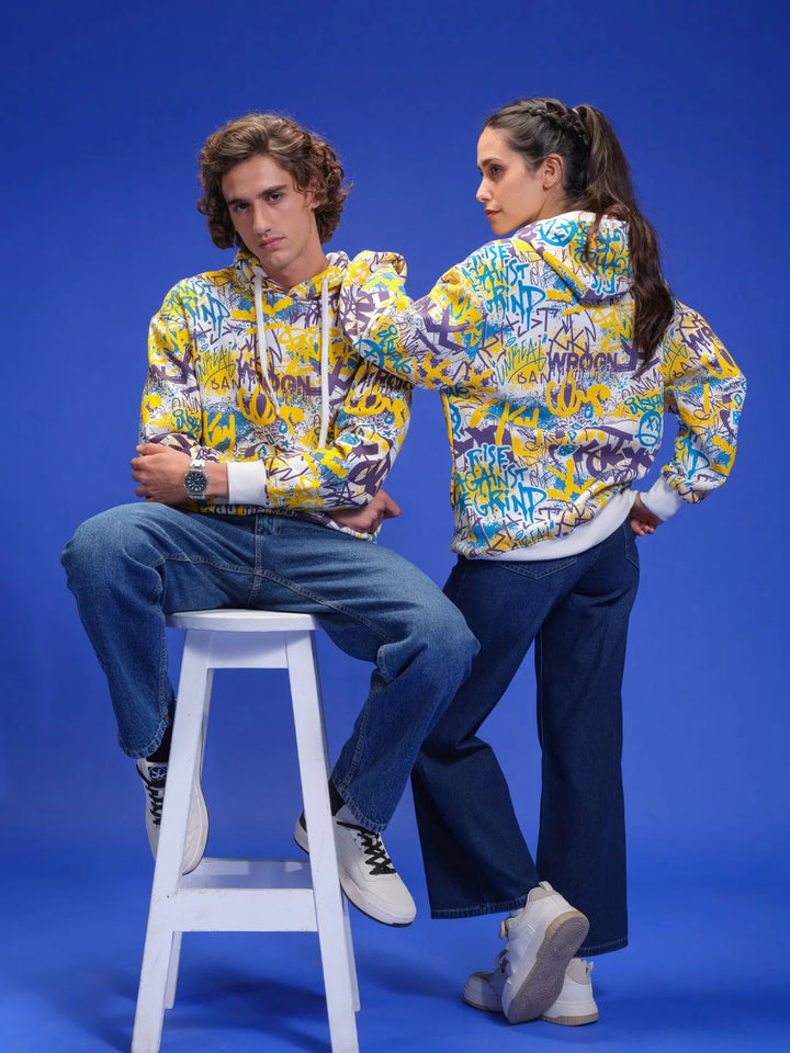 All Over Graffiti Print In Oversized Hoodie Pullover  |  Yellow