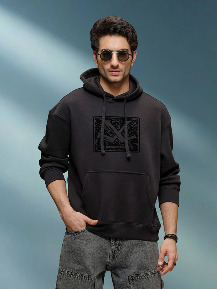 Adorned Logo In Velvet Flock Print On Oversized Hoodie Pullover | Black