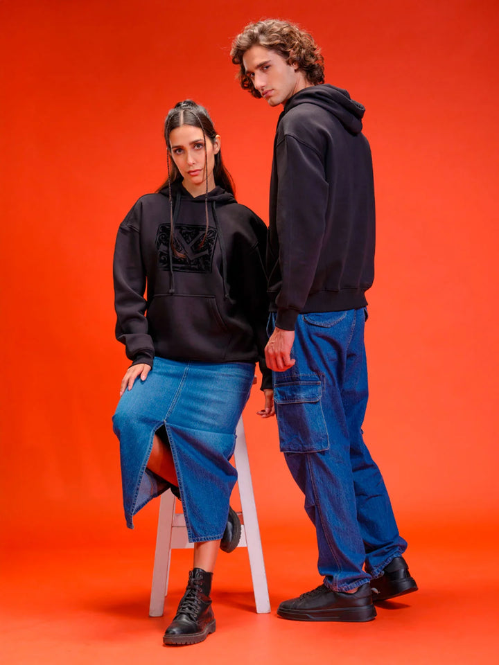 Adorned Logo In Velvet Flock Print On Oversized Hoodie Pullover | Black