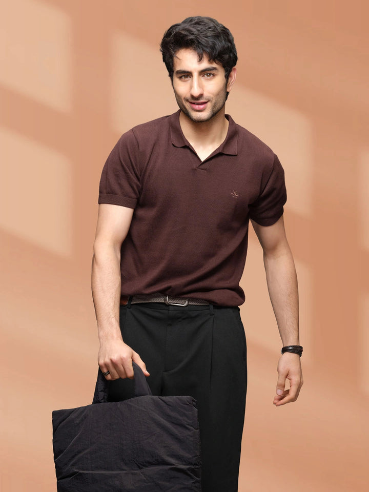 Premium Flat Knit Slim Fit Polo T-Shirt | Brown