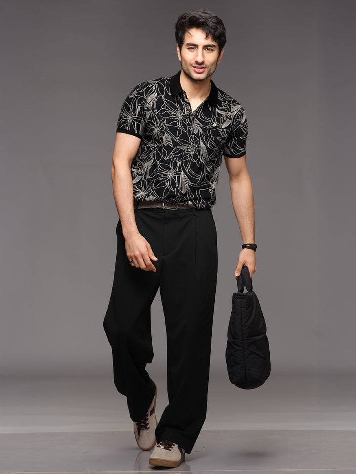 Floral Abstract Aop Polo T-Shirt | Black
