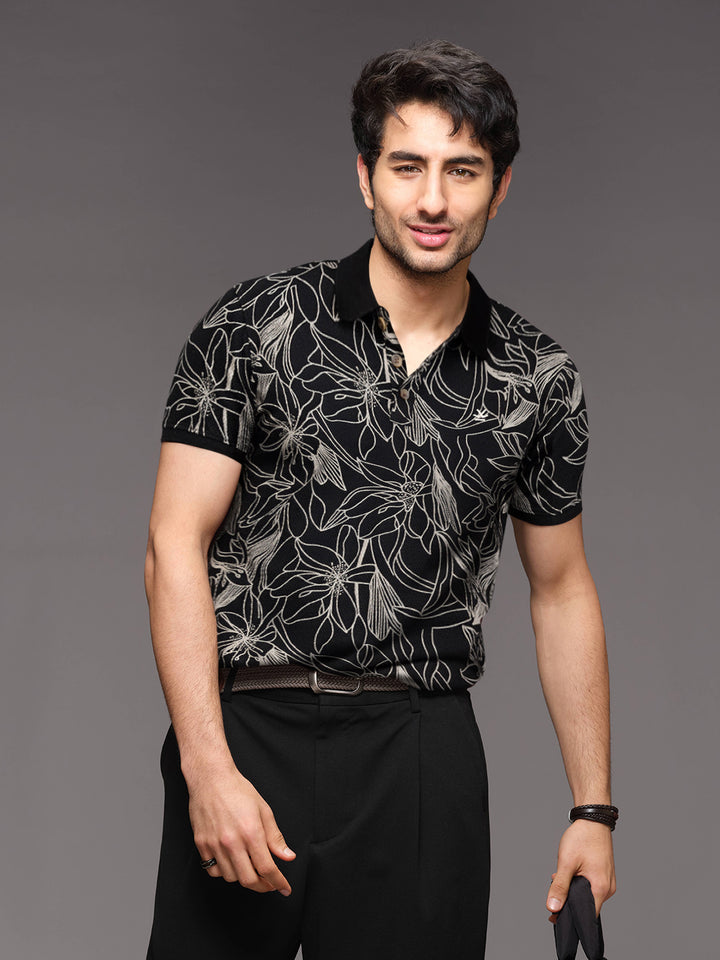 Floral Abstract Aop Polo T-Shirt | Black